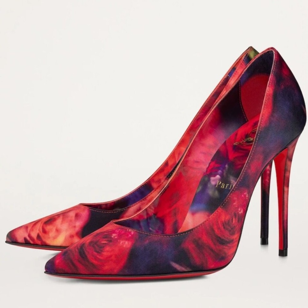 Christian Louboutin KATE 100 Roses Print Crepe Satin Heels Pumps Shoes